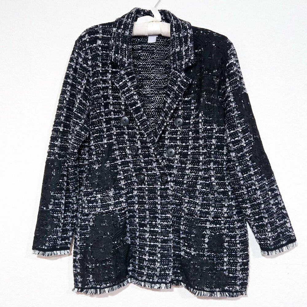 Chico's Double Breasted Heavy Sweater Jacket NWOT Lace Accents Black